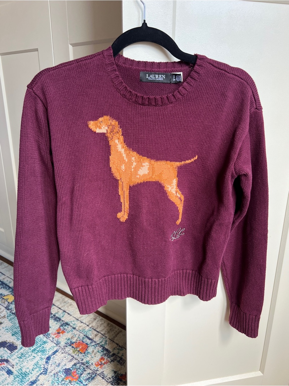 Ralph Lauren Intarsia-Knit Vizsla Cotton Sweater burgundy size small - Picture 2 of 6